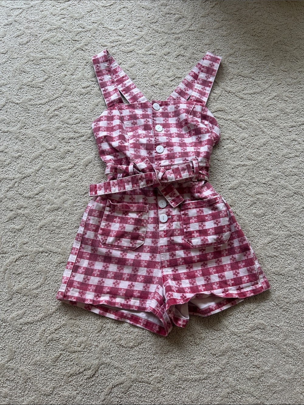 woman’s red and pink Gingham Romper Shorts with Belt
